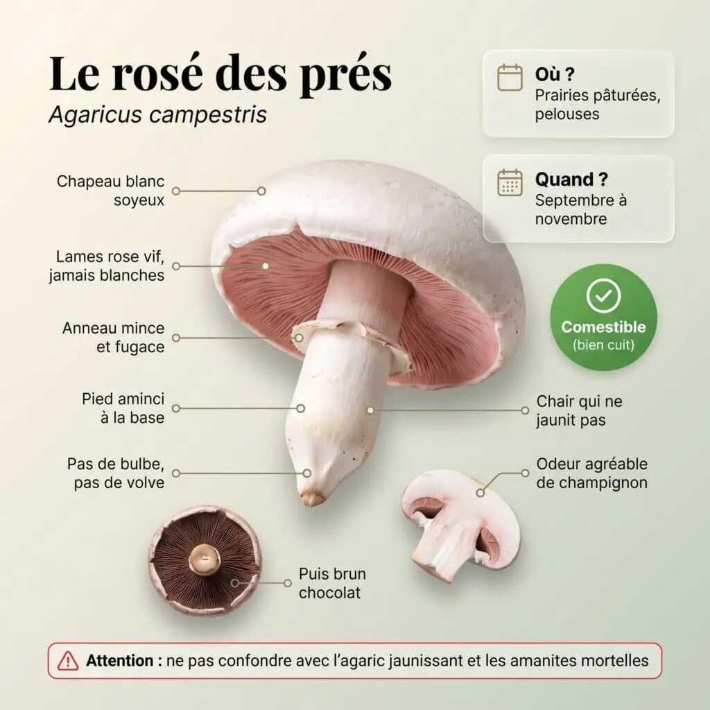 Rosé des prés (agaric champêtre comestible, champignon blanc à lames roses) : chapeau blanc soyeux, lames rose vif puis brun chocolat, anneau mince, pied aminci sans volve