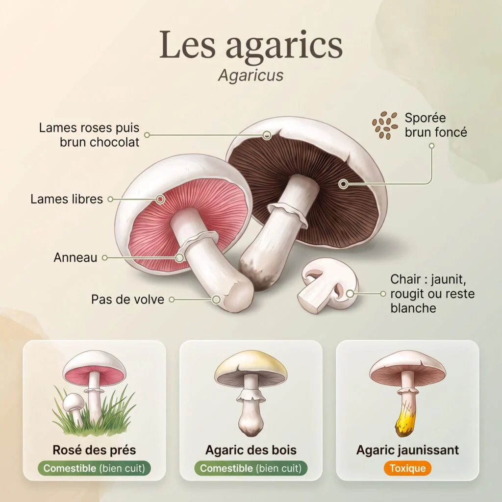 Planche des agarics : lames libres roses puis brun chocolat, anneau, pas de volve ; rosé des prés et agaric des bois comestibles, agaric jaunissant toxique