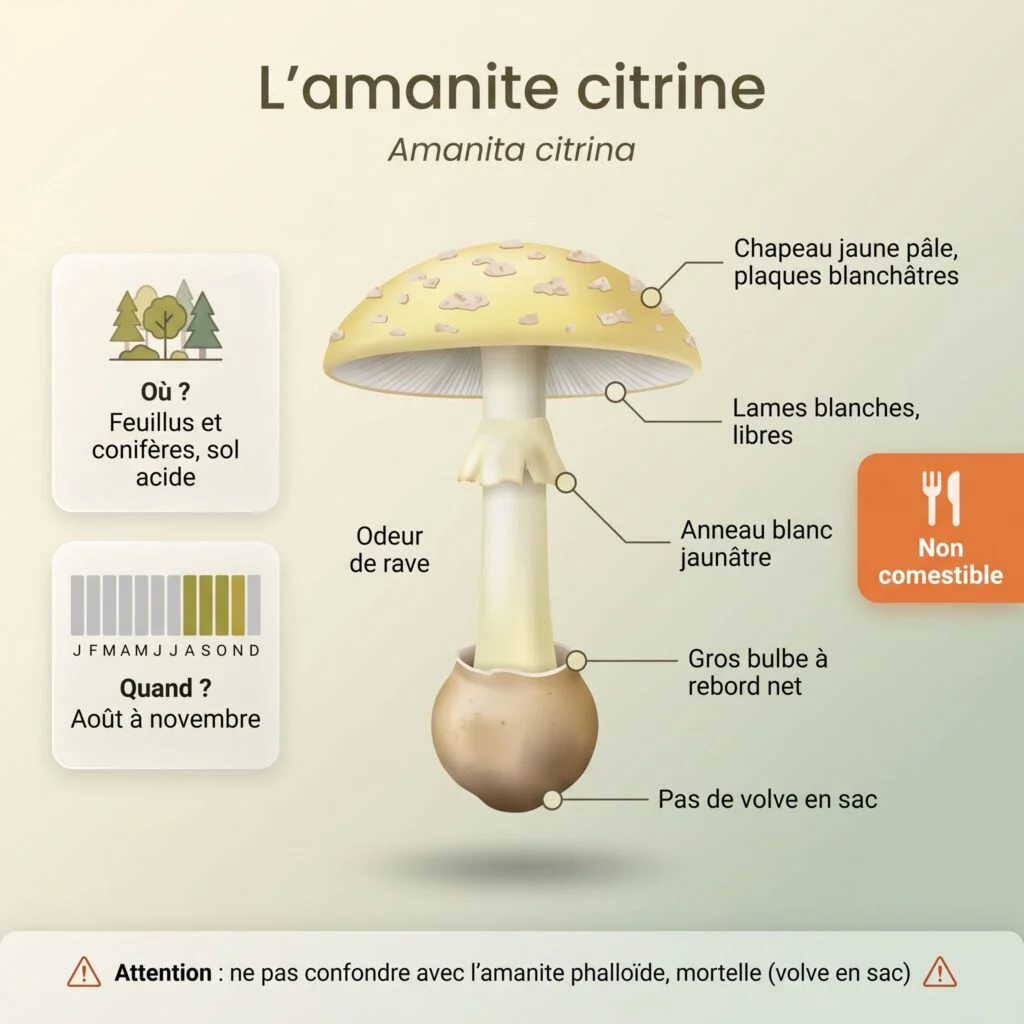 Infographie d'identification de l'amanite citrine (Amanita citrina) : chapeau jaune pâle à plaques blanchâtres, lames blanches libres, anneau blanc jaunâtre, gros bulbe à rebord net sans volve en sac, odeur de rave