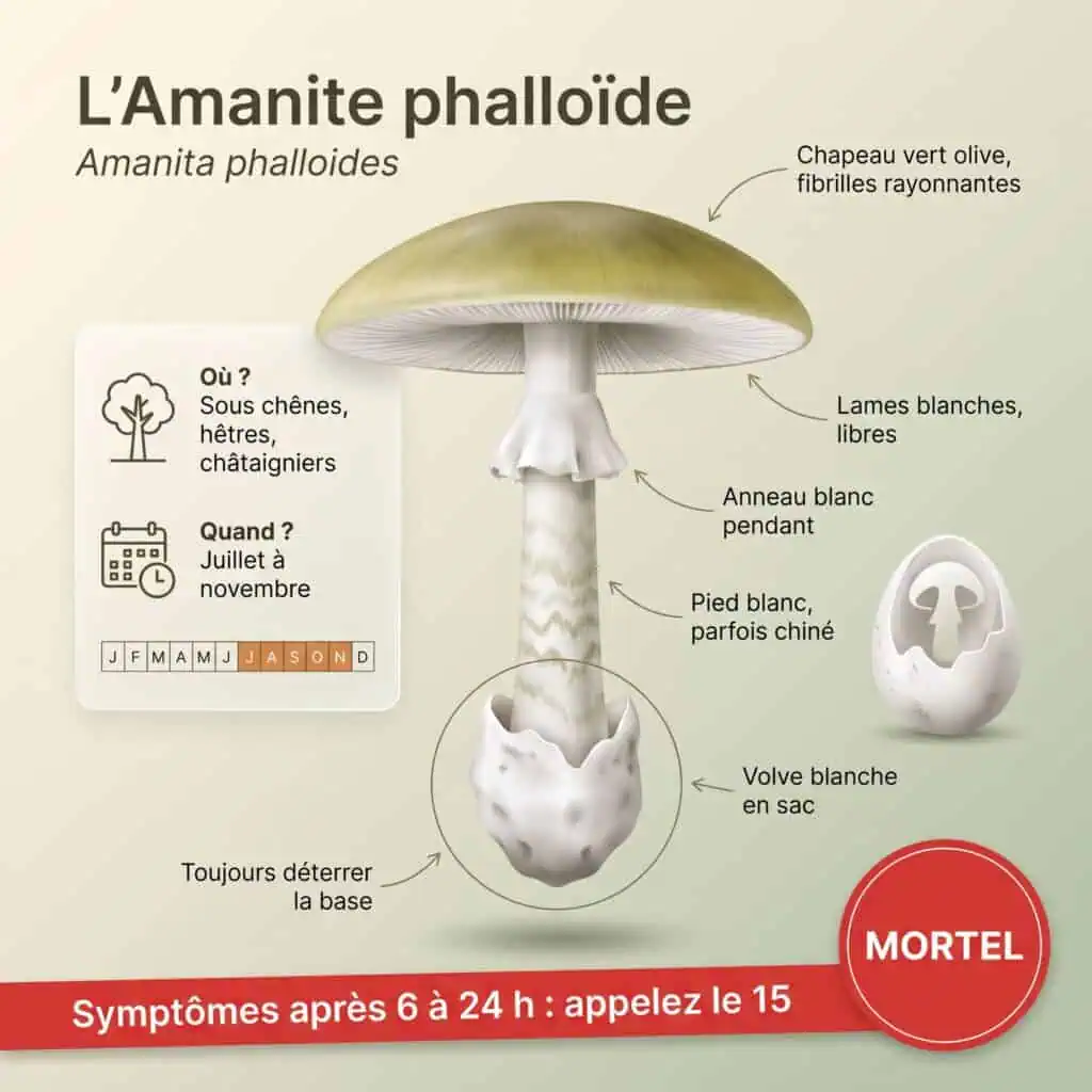 Amanite phalloïde (champignon vert mortel) : chapeau vert olive lisse à fibrilles rayonnantes, lames blanches, anneau blanc pendant, volve blanche en sac à la base