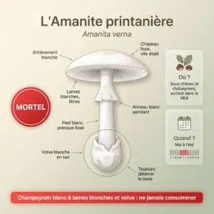 Amanite printanière (Amanita verna) : champignon tout blanc avec anneau et volve