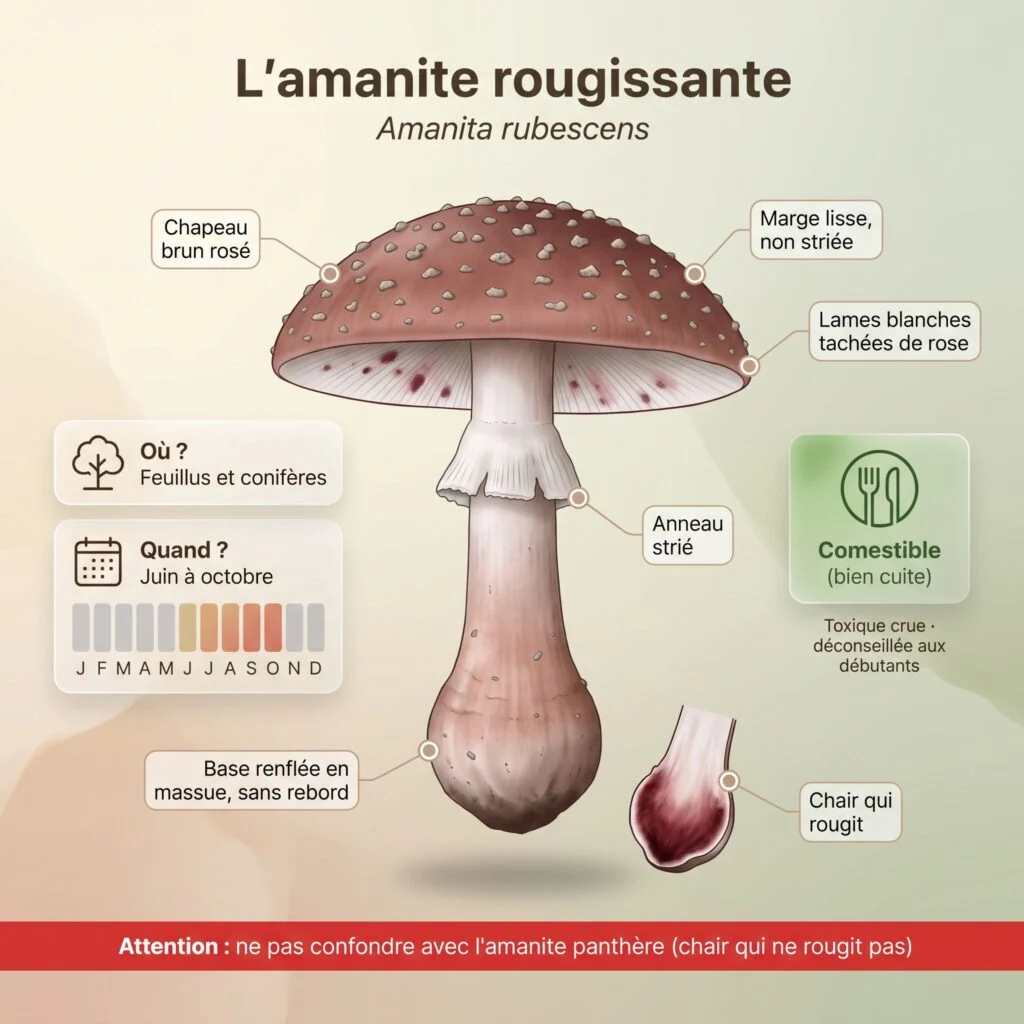 Infographie d'identification de l'amanite rougissante (Amanita rubescens) : chapeau brun rosé à verrues grisâtres, marge lisse non striée, lames blanches tachées de rose, anneau strié, base renflée en massue sans rebord, chair qui rougit