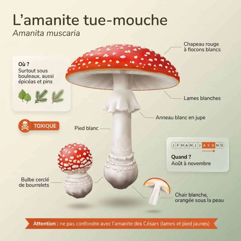 Amanite tue-mouche (fausse oronge toxique, champignon rouge à points blancs) : flocons blancs, lames blanches, anneau blanc en jupe, bulbe cerclé de bourrelets