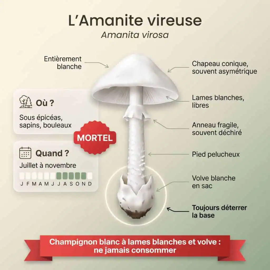 Amanite vireuse (amanite blanche mortelle, ange de la mort) : champignon entièrement blanc, lames blanches, anneau fragile, pied pelucheux, volve blanche en sac