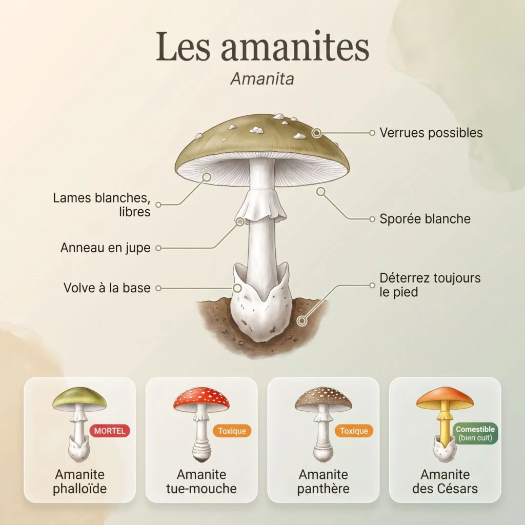 Planche des amanites : lames blanches libres, anneau en jupe, volve à la base ; amanite phalloïde mortelle, amanites tue-mouche et panthère toxiques, amanite des Césars comestible