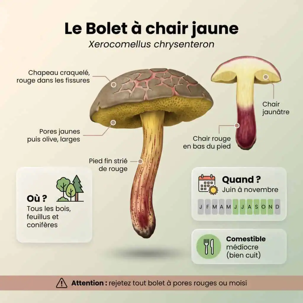 Infographie bolet à chair jaune : chapeau craquelé rouge dans les fissures, pores jaunes puis olive, pied fin strié de rouge, chair jaunâtre rouge en bas du pied, juin à novembre
