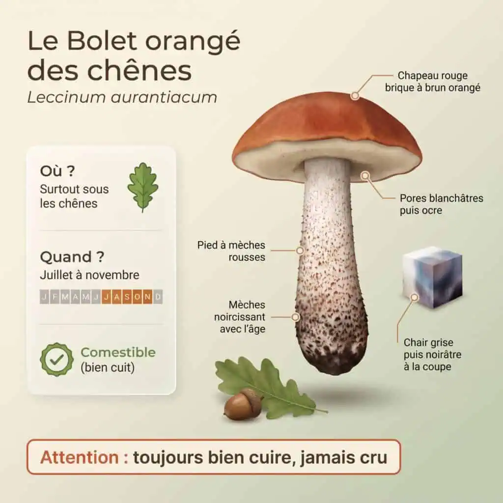 Infographie bolet orangé des chênes (Leccinum aurantiacum) : chapeau rouge brique à brun orangé, pores blanchâtres puis ocre, pied à mèches rousses noircissant avec l'âge, chair grise puis noirâtre, sous les chênes, juillet à novembre