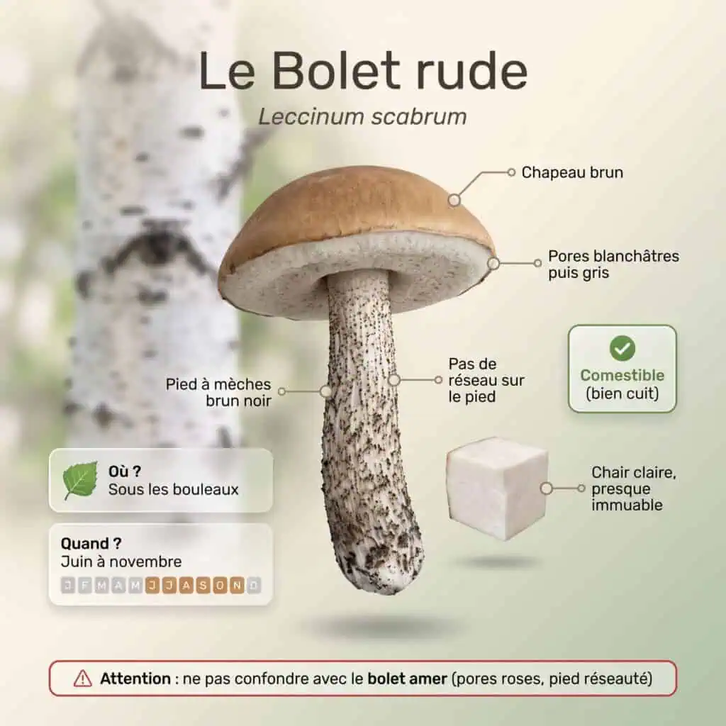 Infographie bolet rude (Leccinum scabrum) : chapeau brun, pores blanchâtres puis gris, pied à mèches brun noir sans réseau, chair claire presque immuable, sous les bouleaux, juin à novembre