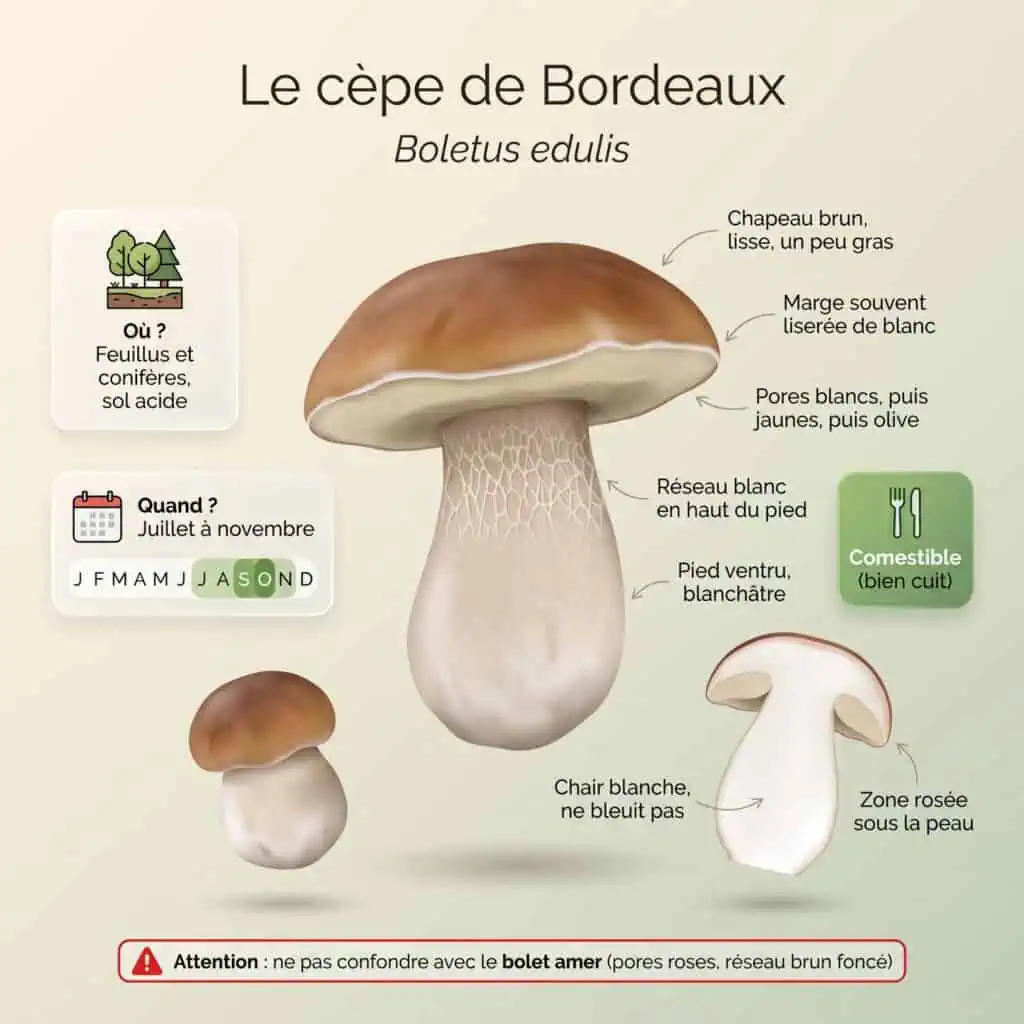 Infographie cèpe de Bordeaux : chapeau brun lisse à marge liserée de blanc, pores blancs puis jaunes puis olive, réseau blanc en haut du pied ventru, chair blanche qui ne bleuit pas, saison juillet à novembre