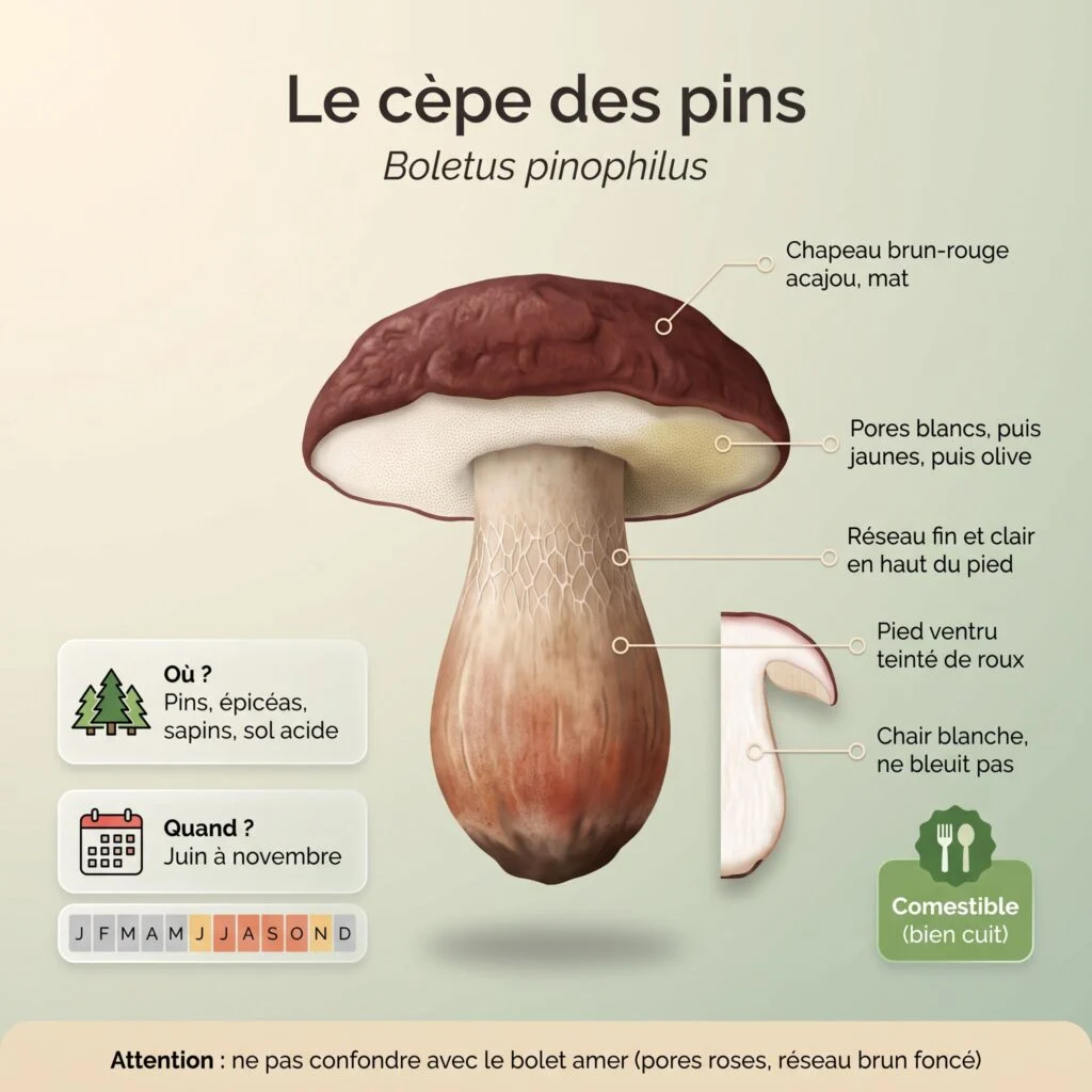 Cèpe de sapin ou cèpe des pins (Boletus pinophilus) : infographie, chapeau brun-rouge acajou mat, pores blancs puis jaunes puis olive, réseau fin et clair en haut du pied, pied ventru teinté de roux, chair blanche qui ne bleuit pas