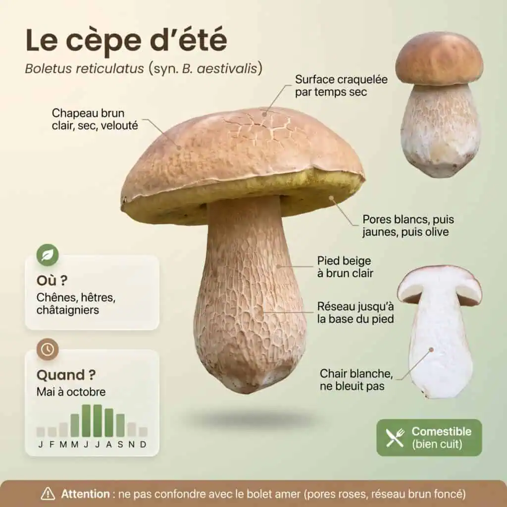 Infographie cèpe d'été : chapeau brun clair sec et craquelé, pores blancs puis jaunes puis olive, réseau jusqu'à la base du pied, chair blanche qui ne bleuit pas, saison mai à octobre