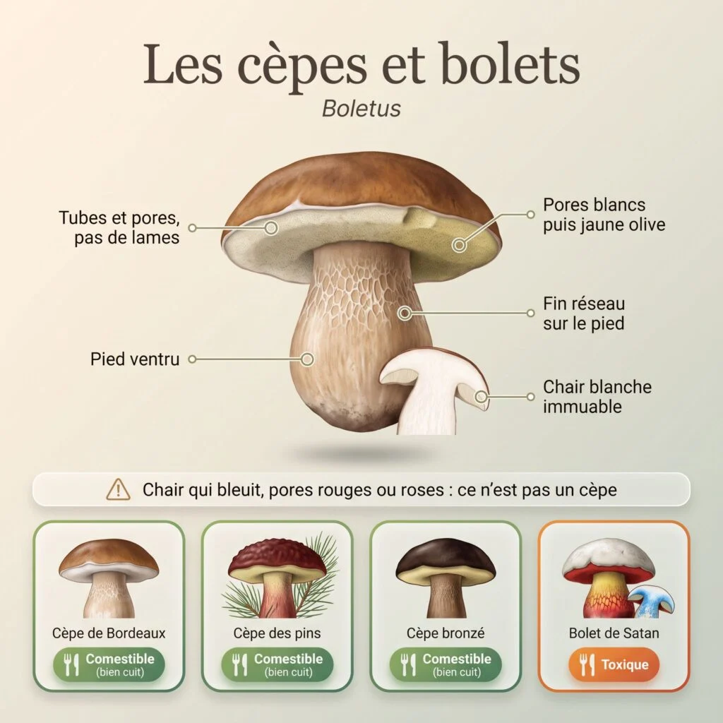 Planche des cèpes et bolets : tubes et pores sans lames, pores blancs puis jaune olive, pied ventru à fin réseau, chair blanche immuable ; cèpes de Bordeaux, des pins et bronzé comestibles, bolet de Satan toxique
