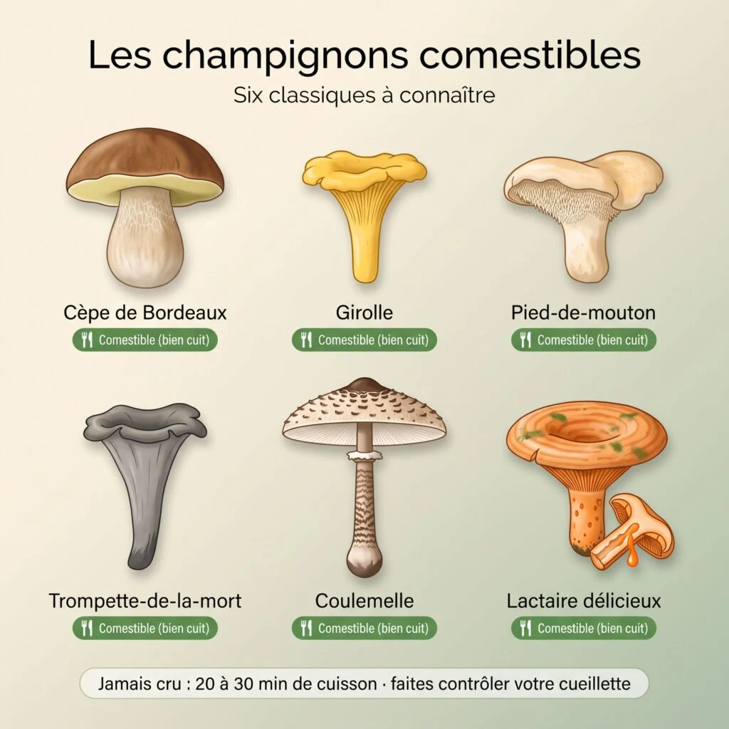 Planche des champignons comestibles : cèpe de Bordeaux, girolle, pied-de-mouton, trompette-de-la-mort, coulemelle et lactaire délicieux