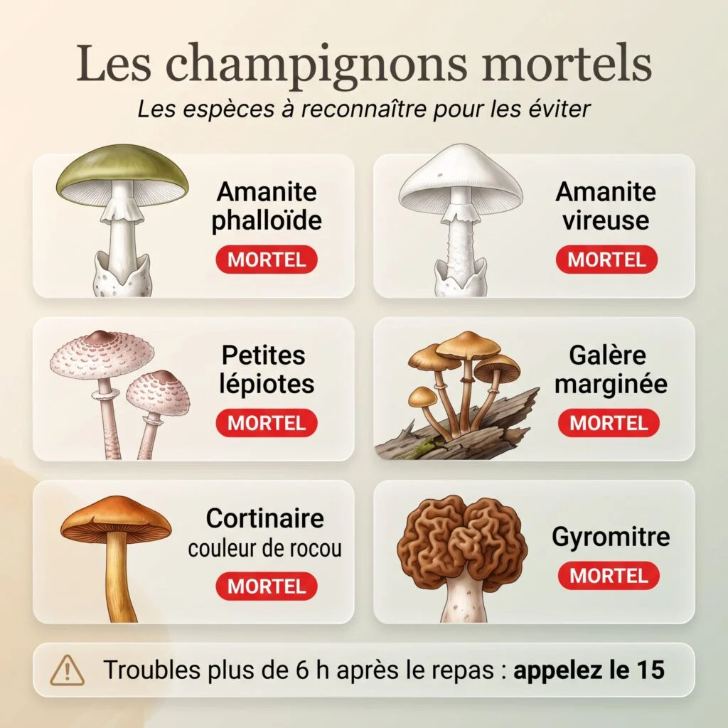 Planche des champignons mortels : amanite phalloïde, amanite vireuse, petites lépiotes, galère marginée, cortinaire couleur de rocou et gyromitre
