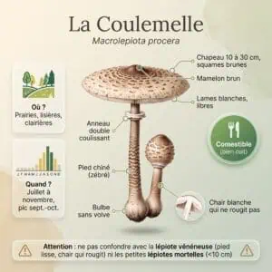 Pied chiné, anneau double : Coulemelle (Macrolepiota procera)