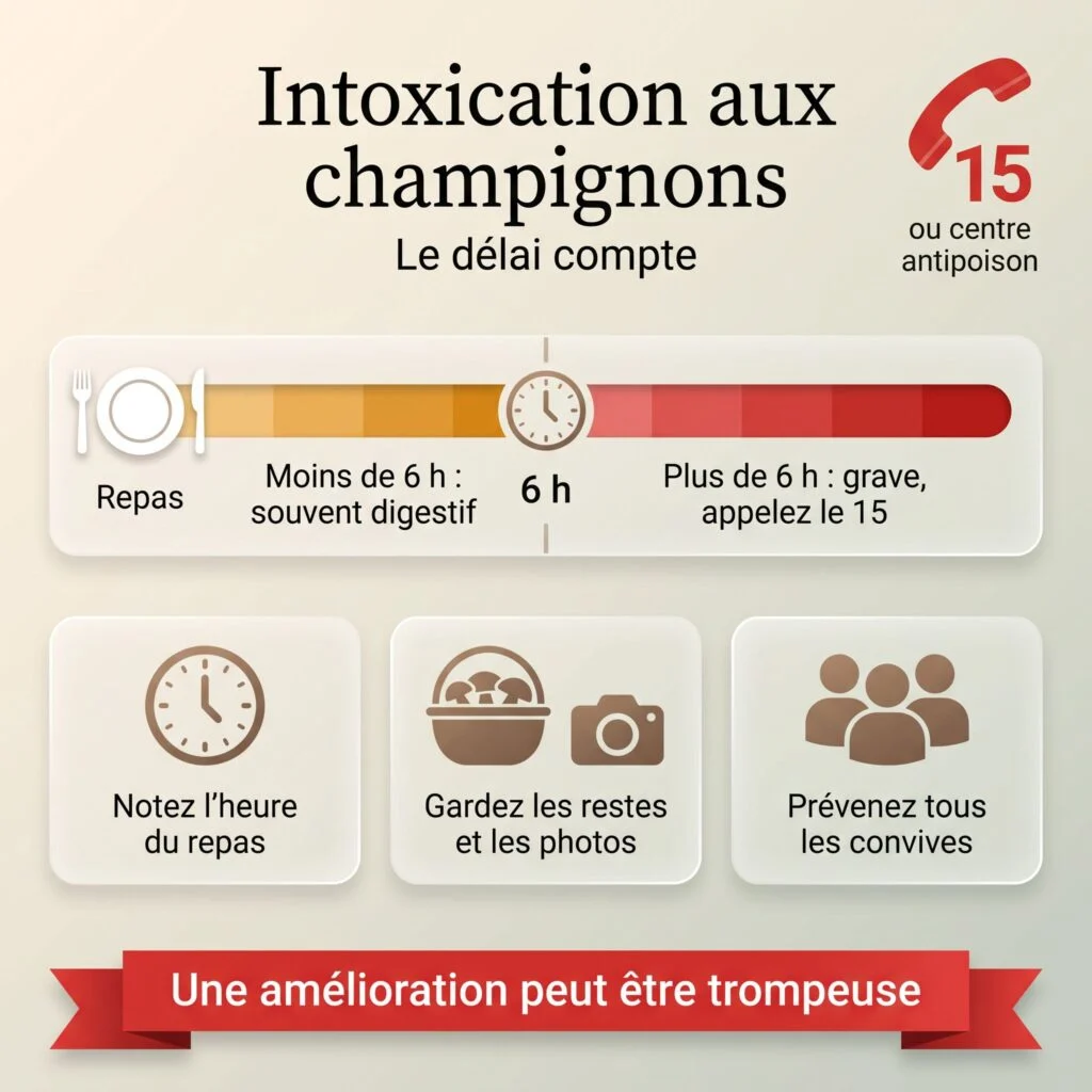 Intoxication aux champignons : moins de 6 h après le repas, souvent digestif ; plus de 6 h, grave, appelez le 15 ; notez l'heure du repas, gardez les restes et les photos, prévenez tous les convives