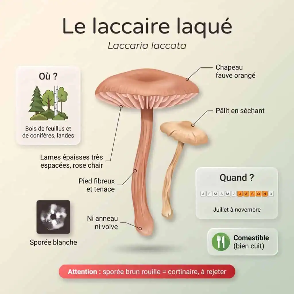 Infographie laccaire laqué : chapeau fauve orangé qui pâlit en séchant, lames épaisses très espacées rose chair, pied fibreux et tenace, ni anneau ni volve, sporée blanche, juillet à novembre