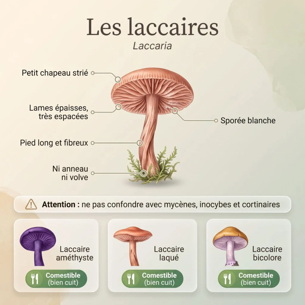 Planche des laccaires : petit chapeau strié, lames épaisses très espacées, pied long et fibreux, ni anneau ni volve ; laccaire améthyste, laccaire laqué et laccaire bicolore comestibles bien cuits