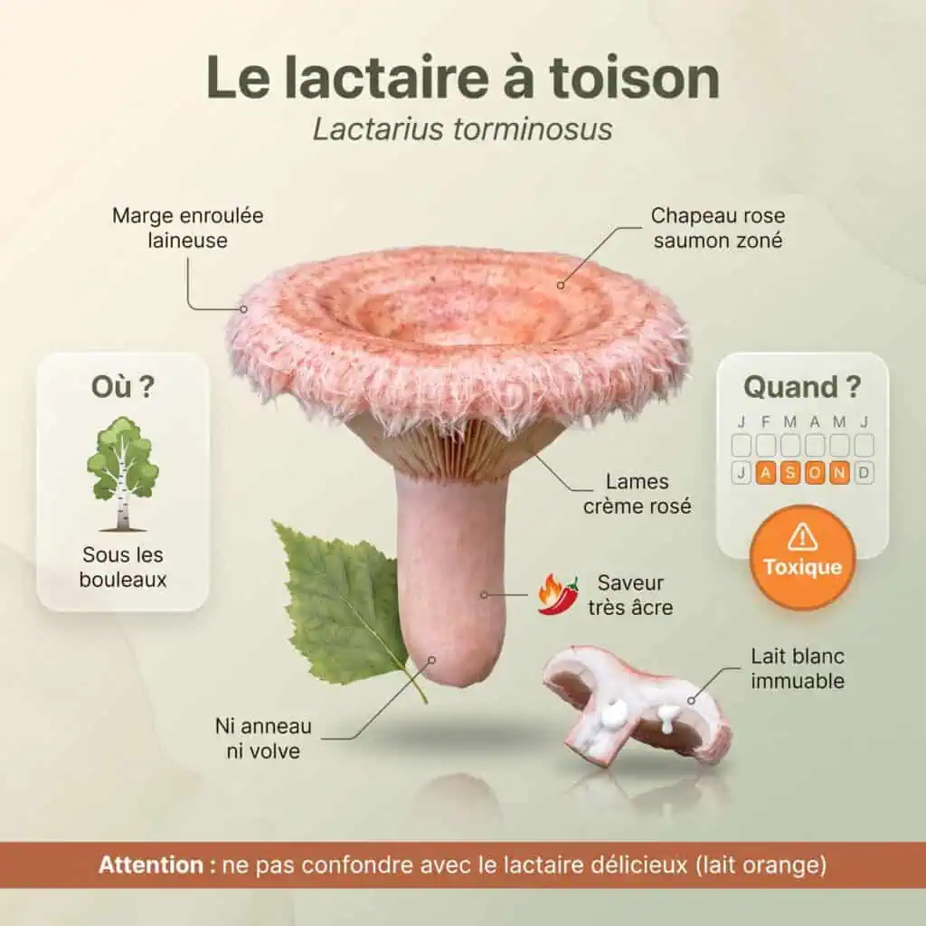 Lactaire à toison (faux lactaire délicieux toxique) : chapeau rose saumon zoné, marge laineuse enroulée, lait blanc immuable, sous les bouleaux