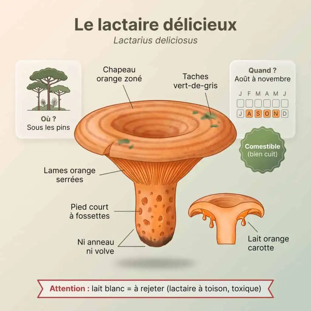 Lactaire délicieux (Lactarius deliciosus) : chapeau orange zoné taché de vert, lames orange, pied à fossettes, lait orange carotte, sous les pins