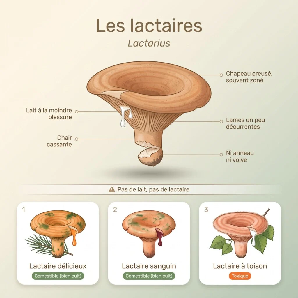 Planche des lactaires : lait à la moindre blessure, chair cassante, lames un peu décurrentes ; lactaire délicieux (lait orange) et lactaire sanguin (lait rouge) comestibles, lactaire à toison (lait blanc) toxique