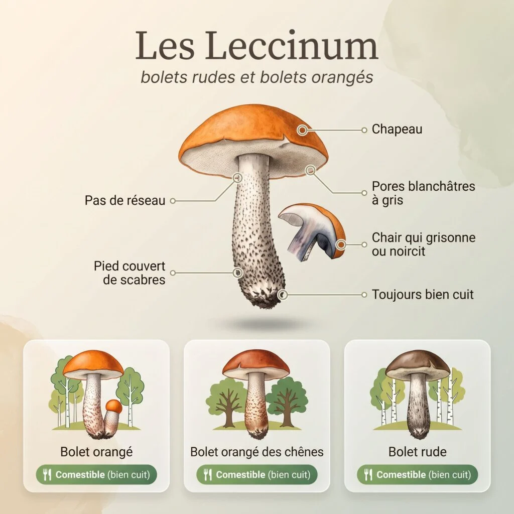 Planche des Leccinum : pied couvert de scabres sans réseau, pores blanchâtres à gris, chair qui grisonne ou noircit ; bolet orangé, bolet orangé des chênes et bolet rude, comestibles seulement bien cuits