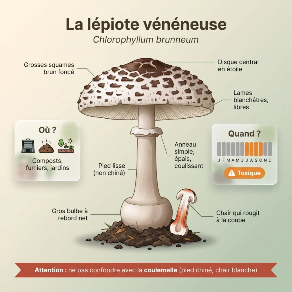 Lépiote vénéneuse (fausse coulemelle toxique) : pied lisse, anneau simple, chair rougissante, bulbe marginé