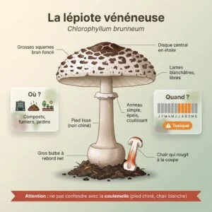 Lépiote vénéneuse (Chlorophyllum brunneum) : infographie d'identification