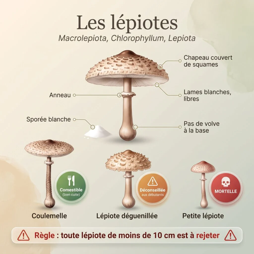 Planche des lépiotes : lames blanches libres, anneau, pas de volve, sporée blanche ; coulemelle, lépiote déguenillée et petite lépiote mortelle