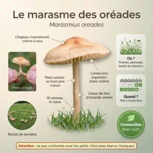 Faux mousseron, marasme des oréades (Marasmius oreades) : chapeau mamelonné, lames très espacées, pied coriace