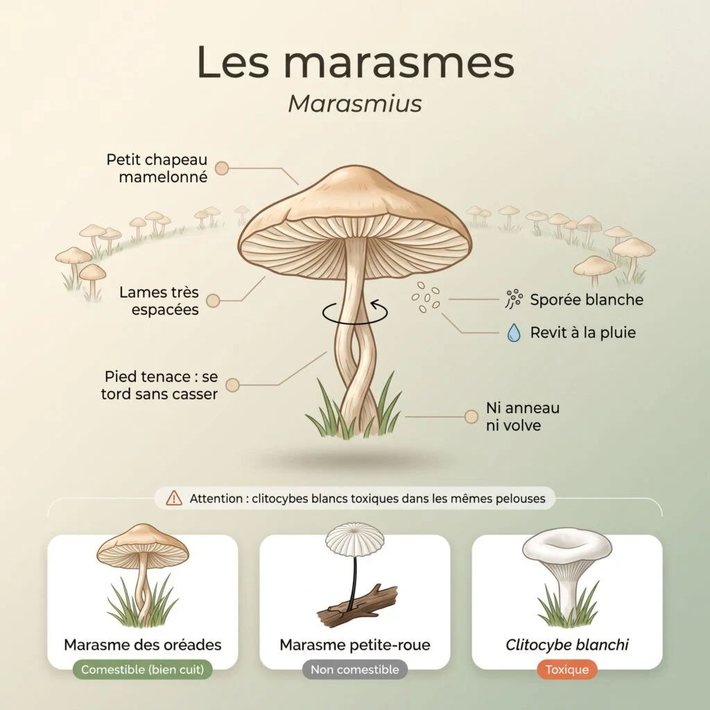 Planche des marasmes : petit chapeau mamelonné, lames très espacées, pied tenace qui se tord sans casser ; marasme des oréades comestible, marasme petite-roue non comestible, clitocybe blanchi toxique