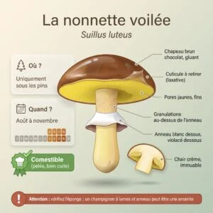 Nonnette voilée (bolet jaune) (Suillus luteus) : infographie d'identification