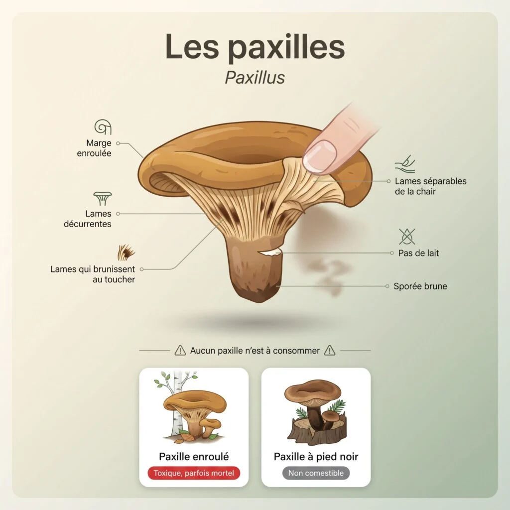 Planche des paxilles : marge enroulée, lames décurrentes qui brunissent au toucher et se détachent de la chair, pas de lait, sporée brune ; paxille enroulé toxique parfois mortel, paxille à pied noir non comestible