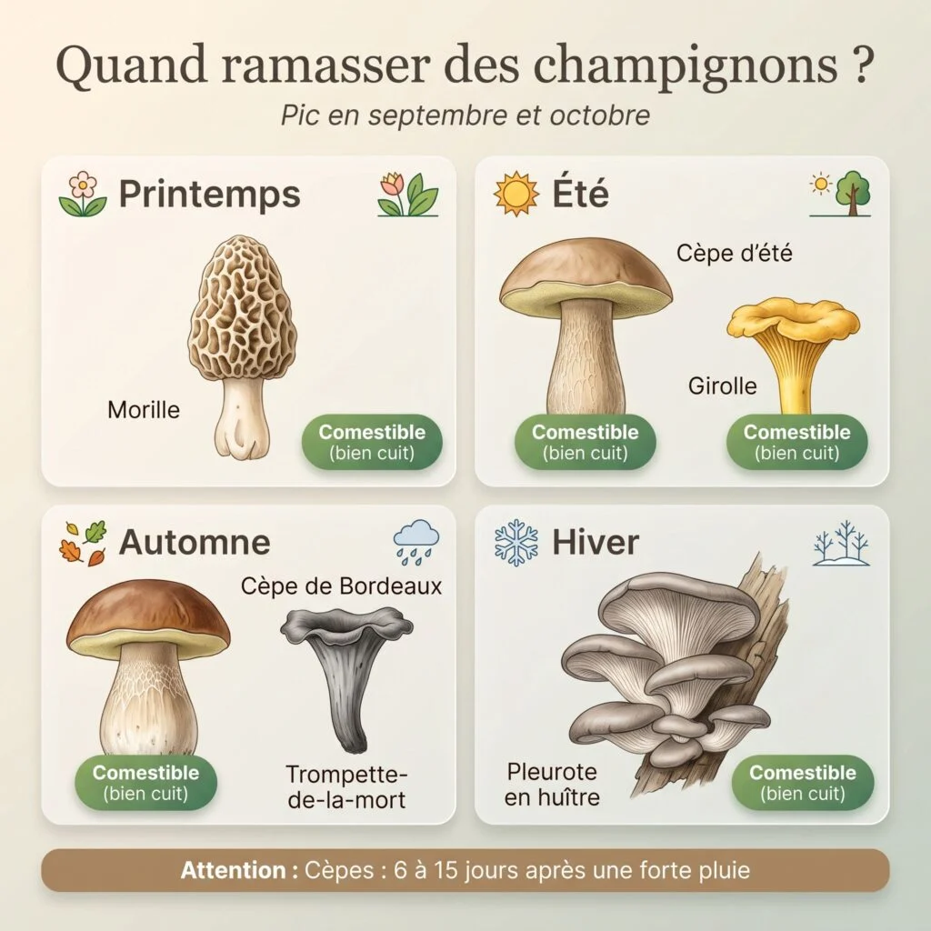 Calendrier des champignons par saison : morille au printemps, cèpe d'été et girolle en été, cèpe de Bordeaux et trompette-de-la-mort en automne, pleurote en huître en hiver