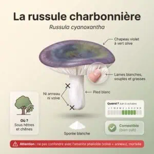 Russule charbonnière (Russula cyanoxantha) : infographie d'identification