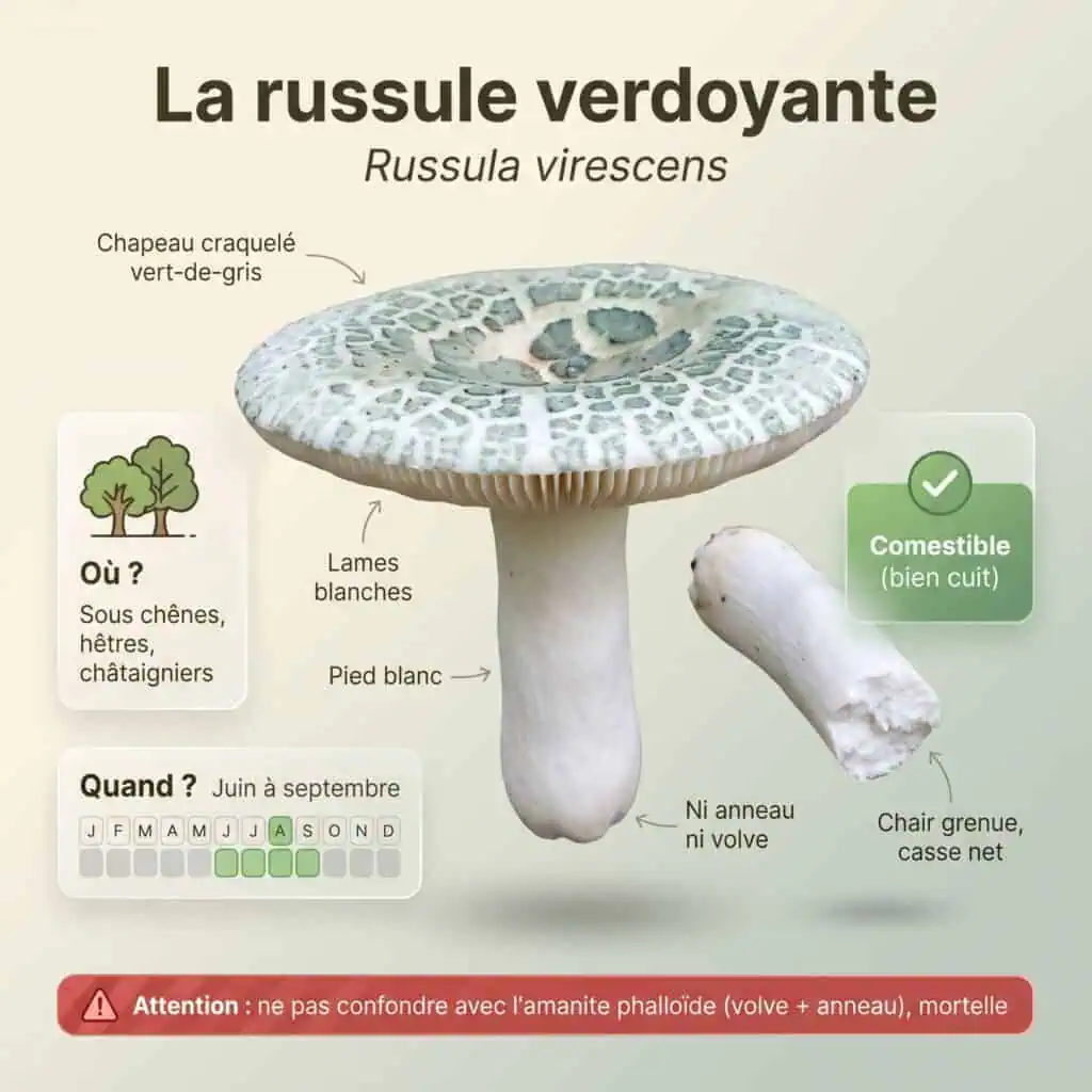 Russule verdoyante (russule verte comestible, palomet) : chapeau vert craquelé en plaques, lames blanches, pied blanc sans anneau ni volve