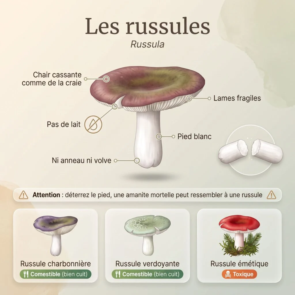 Planche des russules : chair qui casse net comme de la craie, pas de lait, ni anneau ni volve, pied blanc ; russule charbonnière et russule verdoyante comestibles, russule émétique toxique