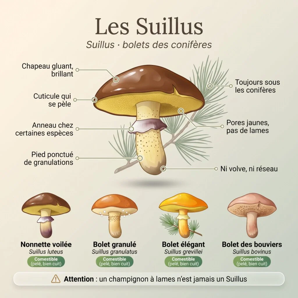 Planche illustrée des Suillus : chapeau gluant, pores jaunes, anneau et pied granuleux, avec la nonnette voilée, le bolet granulé, le bolet élégant et le bolet des bouviers