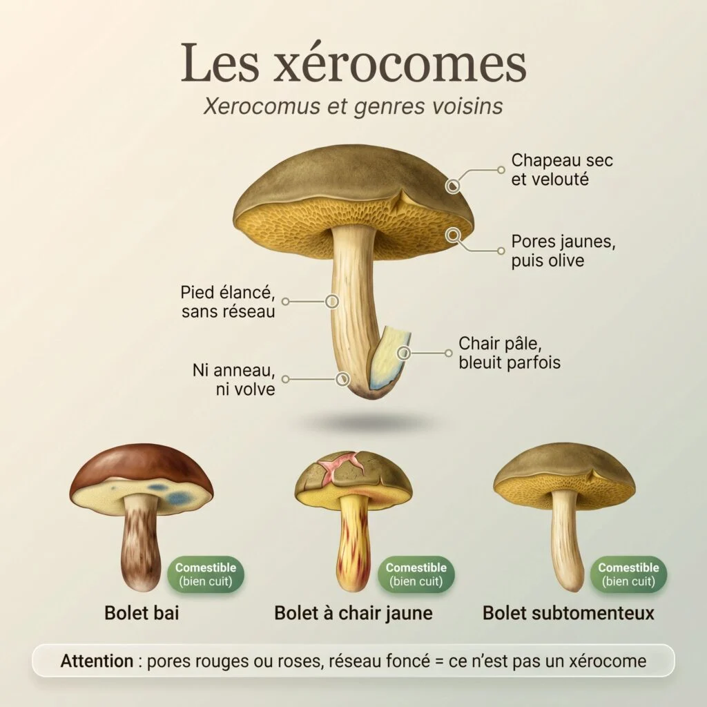 Planche illustrée des xérocomes : chapeau sec et velouté, pores jaunes, pied sans réseau, avec le bolet bai, le bolet à chair jaune et le bolet subtomenteux