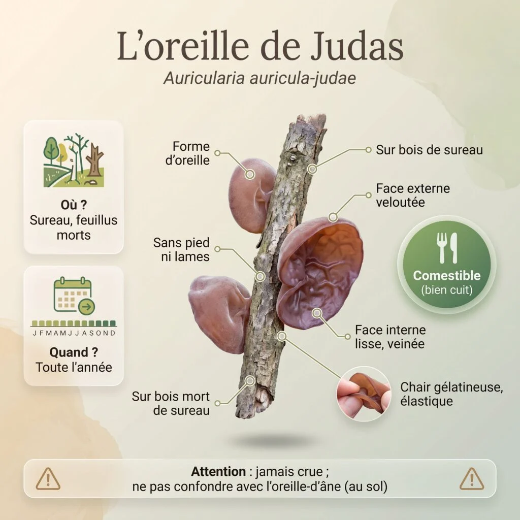 Infographie d'identification de l'oreille de Judas (Auricularia auricula-judae) : forme d'oreille sans pied ni lames, face externe veloutée, face interne lisse et veinée, chair gélatineuse élastique, sur bois mort de sureau, toute l'année, comestible bien cuite