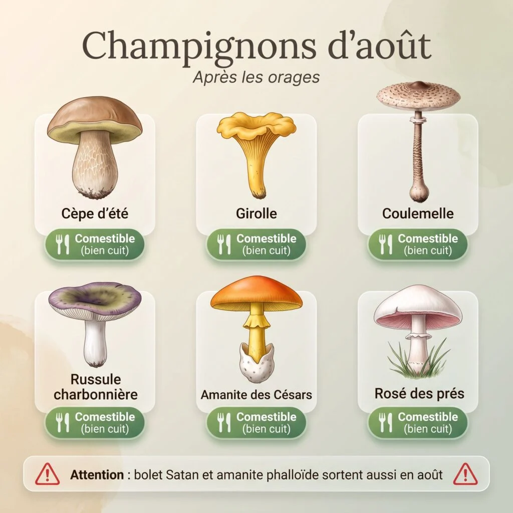 Champignons d'août : cèpe d'été, girolle, coulemelle, russule charbonnière, amanite des Césars et rosé des prés