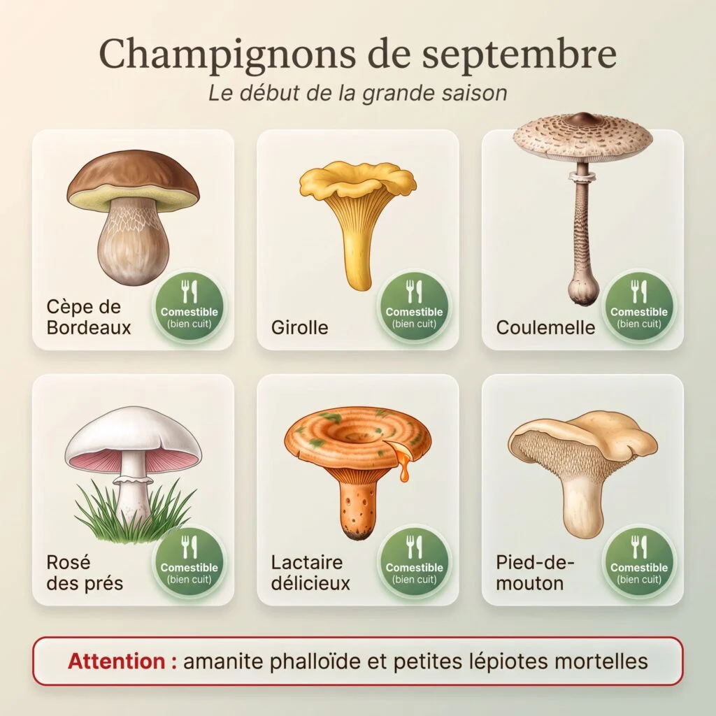 Champignons de septembre : cèpe de Bordeaux, girolle, coulemelle, rosé des prés, lactaire délicieux et pied-de-mouton