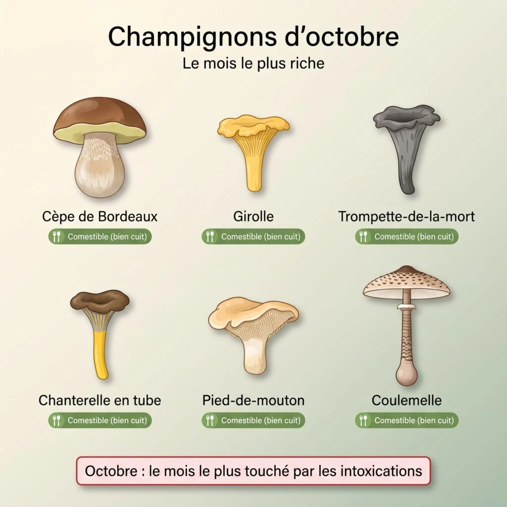 Champignons d'octobre : cèpe de Bordeaux, girolle, trompette-de-la-mort, chanterelle en tube, pied-de-mouton et coulemelle