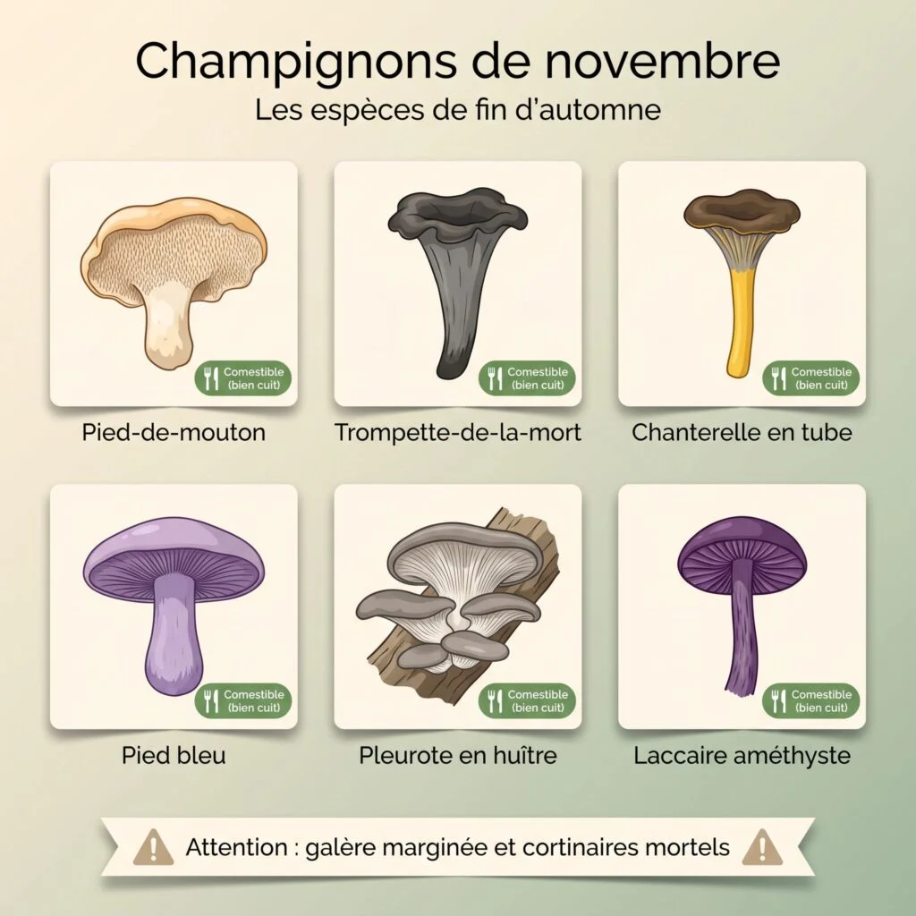 Champignons de novembre : pied-de-mouton, trompette-de-la-mort, chanterelle en tube, pied bleu, pleurote en huître et laccaire améthyste