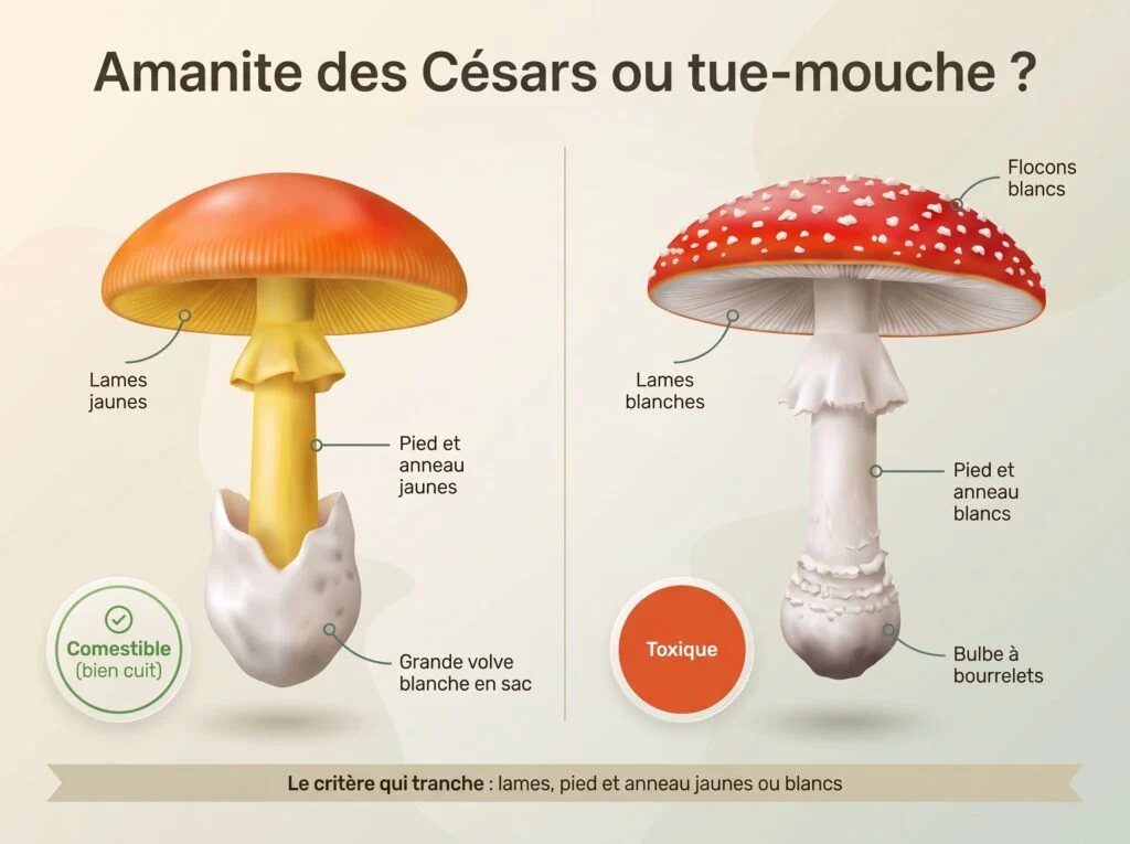 Amanite des Césars ou amanite tue-mouche : comparaison — l'oronge a des lames, un pied et un anneau jaunes et une volve blanche en sac ; la fausse oronge a des flocons blancs, des lames et un pied blancs et un bulbe à bourrelets