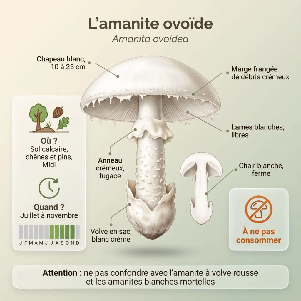 Infographie d'identification de l'amanite ovoïde (Amanita ovoidea) : grand chapeau blanc, marge frangée de débris crémeux, lames blanches libres, anneau crémeux fugace, volve en sac blanc crème, chair blanche ferme
