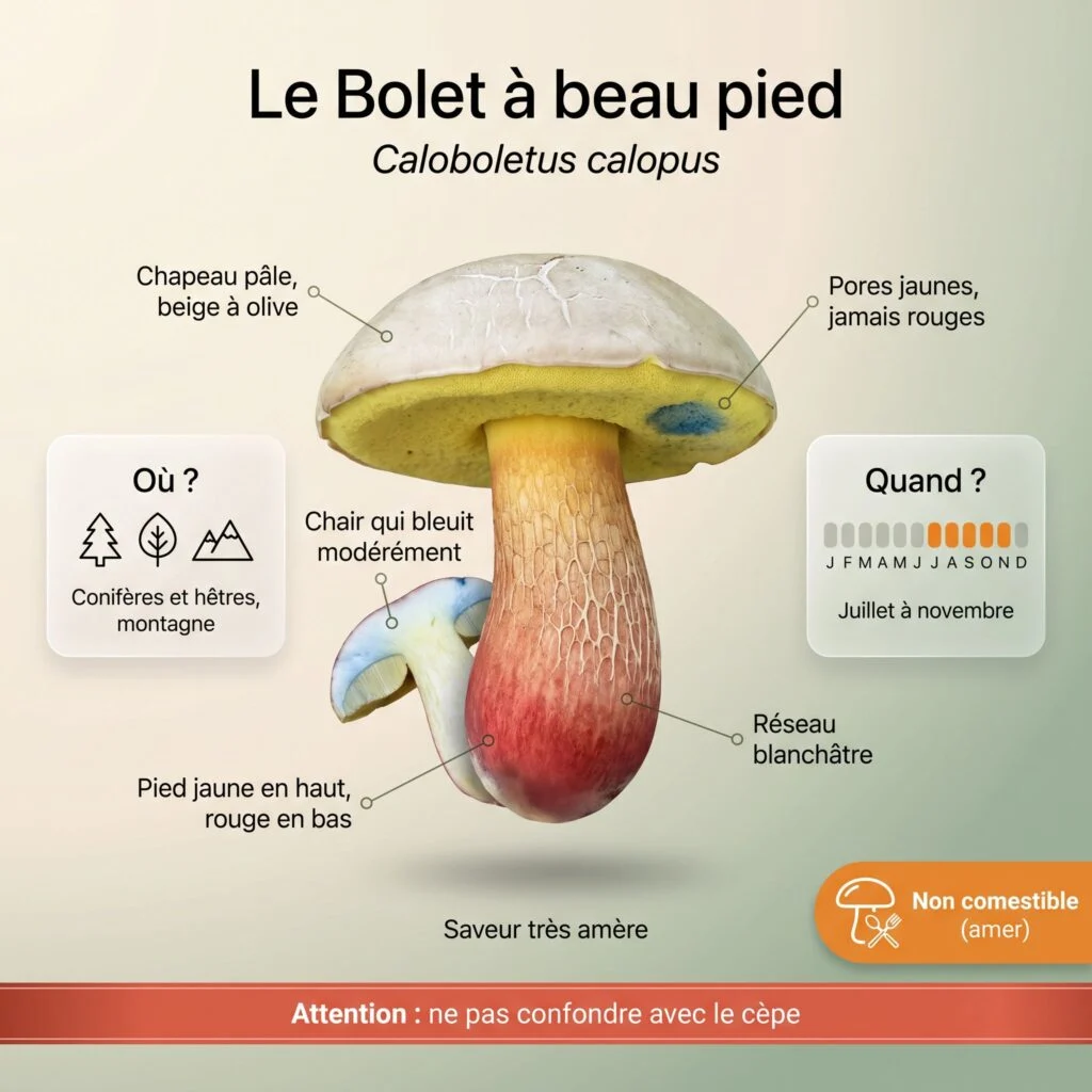 Infographie d'identification du bolet à beau pied : chapeau pâle beige à olive, pores jaunes jamais rouges, pied jaune en haut et rouge en bas à réseau blanchâtre, saveur très amère