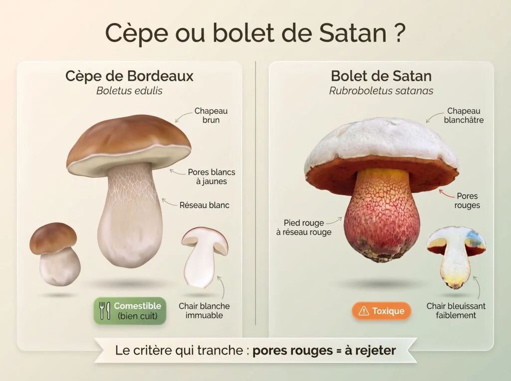 Bolet de Satan toxique et cèpe comestible : comparaison en image, chapeau blanchâtre et pores rouges du bolet de Satan, chapeau brun et pores blancs à jaunes du cèpe