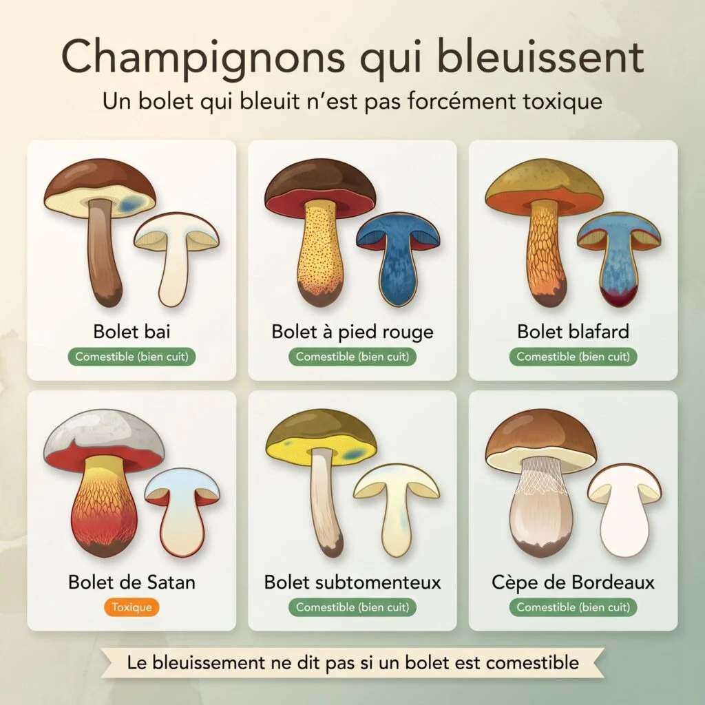 Champignons qui bleuissent : bolet bai, bolet à pied rouge, bolet blafard, bolet de Satan, bolet subtomenteux et cèpe de Bordeaux coupés en deux