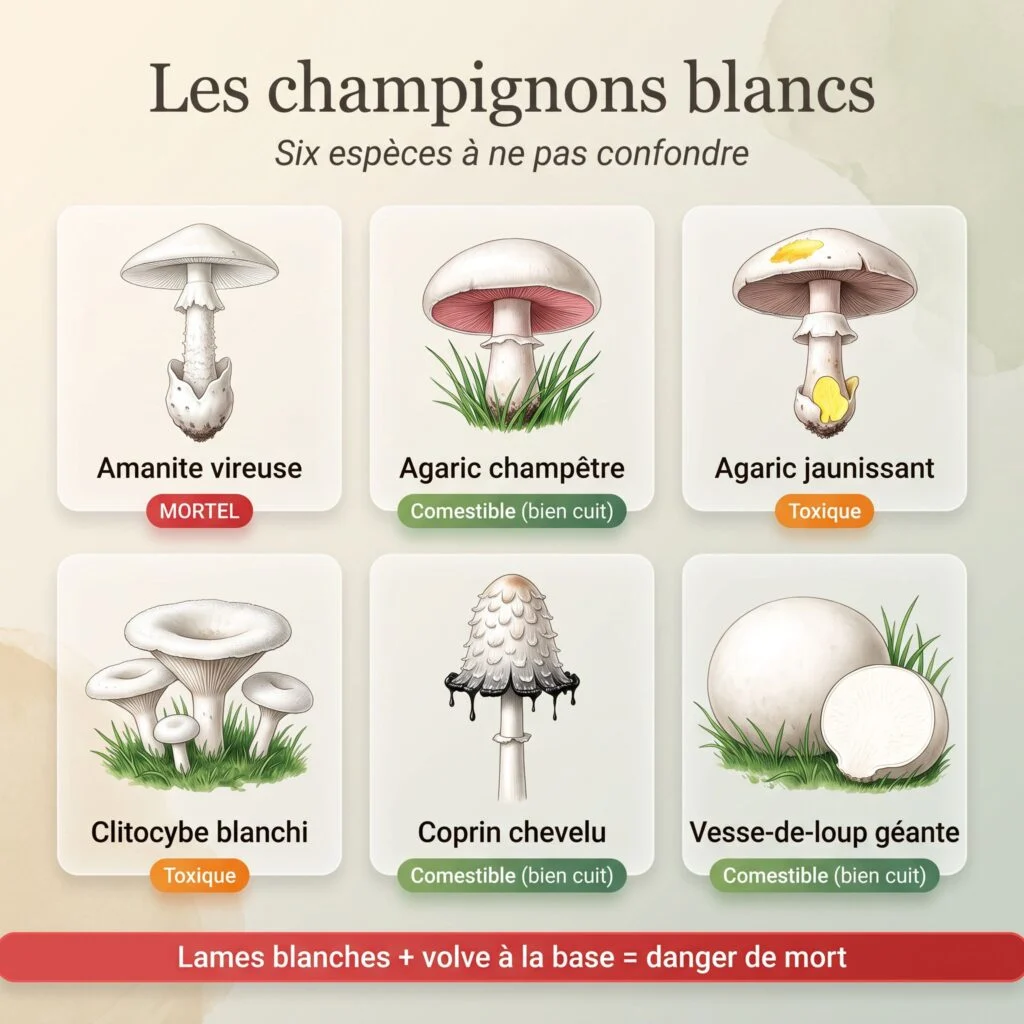 Planche des champignons blancs : amanite vireuse mortelle, agaric champêtre, agaric jaunissant, clitocybe blanchi, coprin chevelu, vesse-de-loup géante